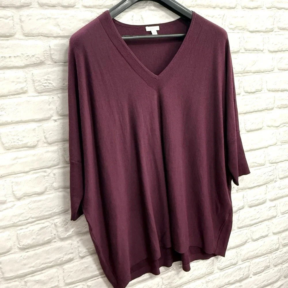 J Jill PURE JILL Sweater Tunic Sz XS Burgundy V-Neck Oversized‎ Top 3/4 Sleeves